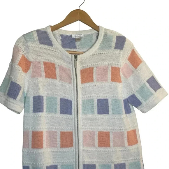 Christopher & Banks Short Sleeved Pastel Patchwork Sweater Medium Full Zip Beach - Picture 2 of 10